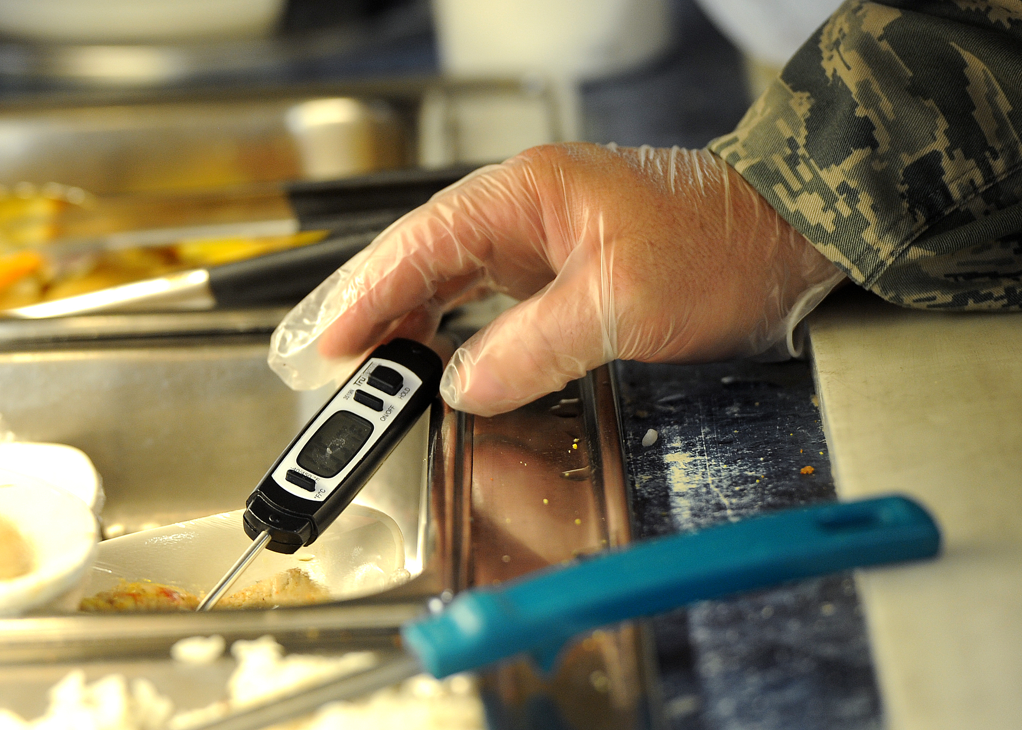 Gloved hand checking food in a steam table with a digital probe thermometer