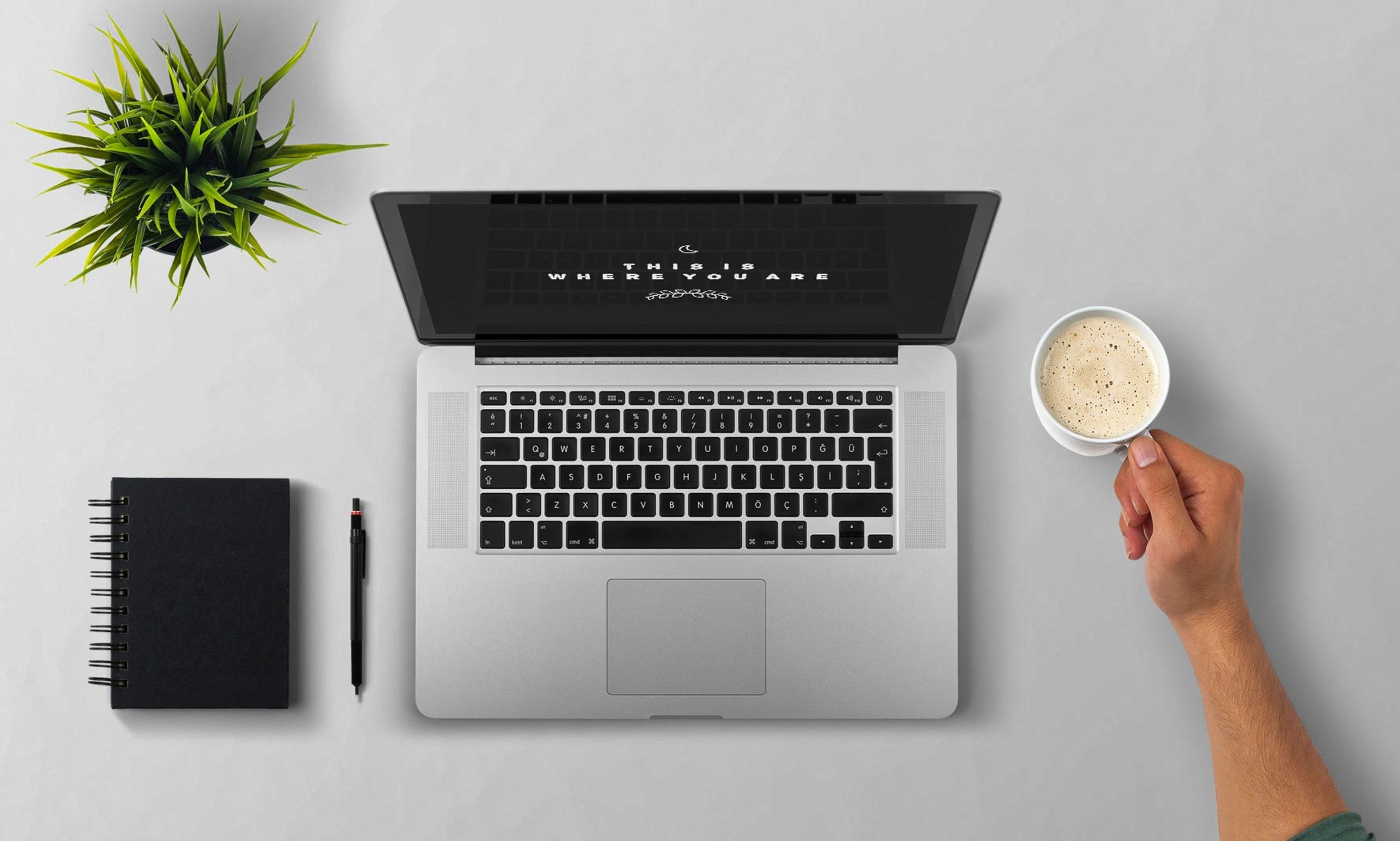 Laptop, black notebook, pencil, a potted plant and a hand holding a cup of coffee on a pale desk
