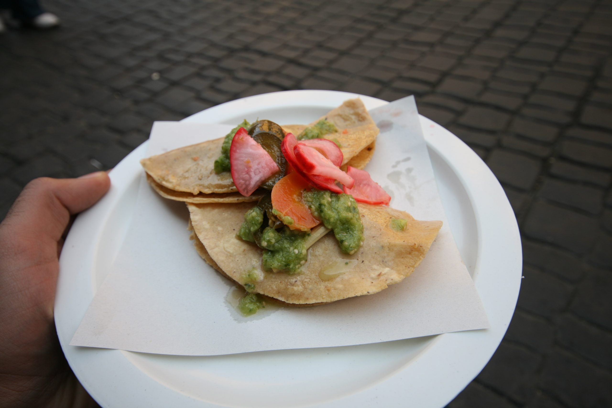 A hand holding a paper plate of two street tacos topped with green salsa, radish and pickled carrot